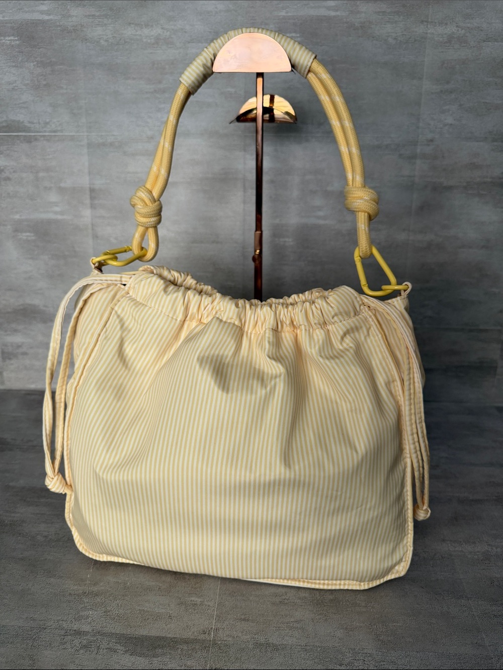 Womens Yellow Stripe Nylon Paracord Drawstring Shoulder Tote Bag